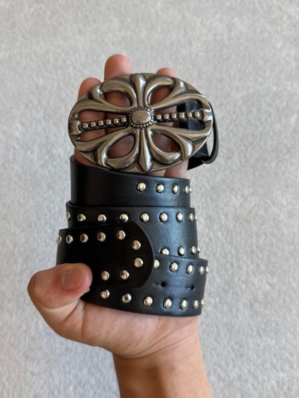 Black Studded Oval Filigree Cross Buckle Belt